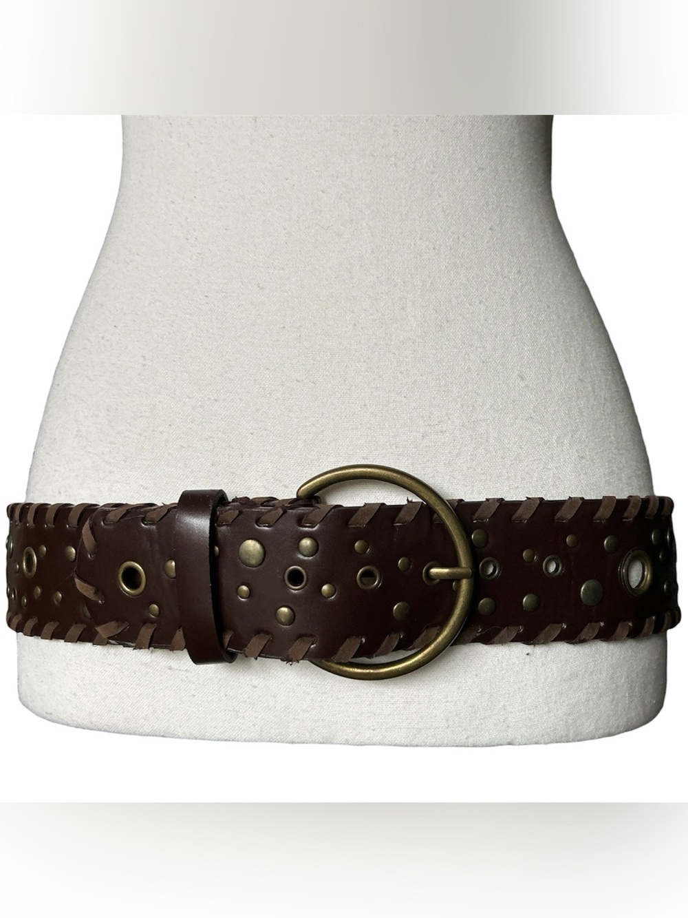 Y2K Brown Faux Leather Studded Pleated Trim Chunky Style Belt